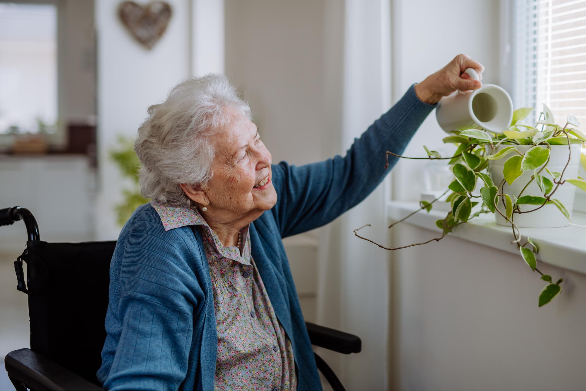 An elderly woman watering her indoor plant using a watering can